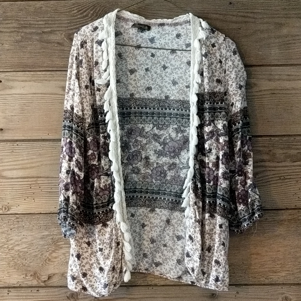 Floral print fringe cardigan